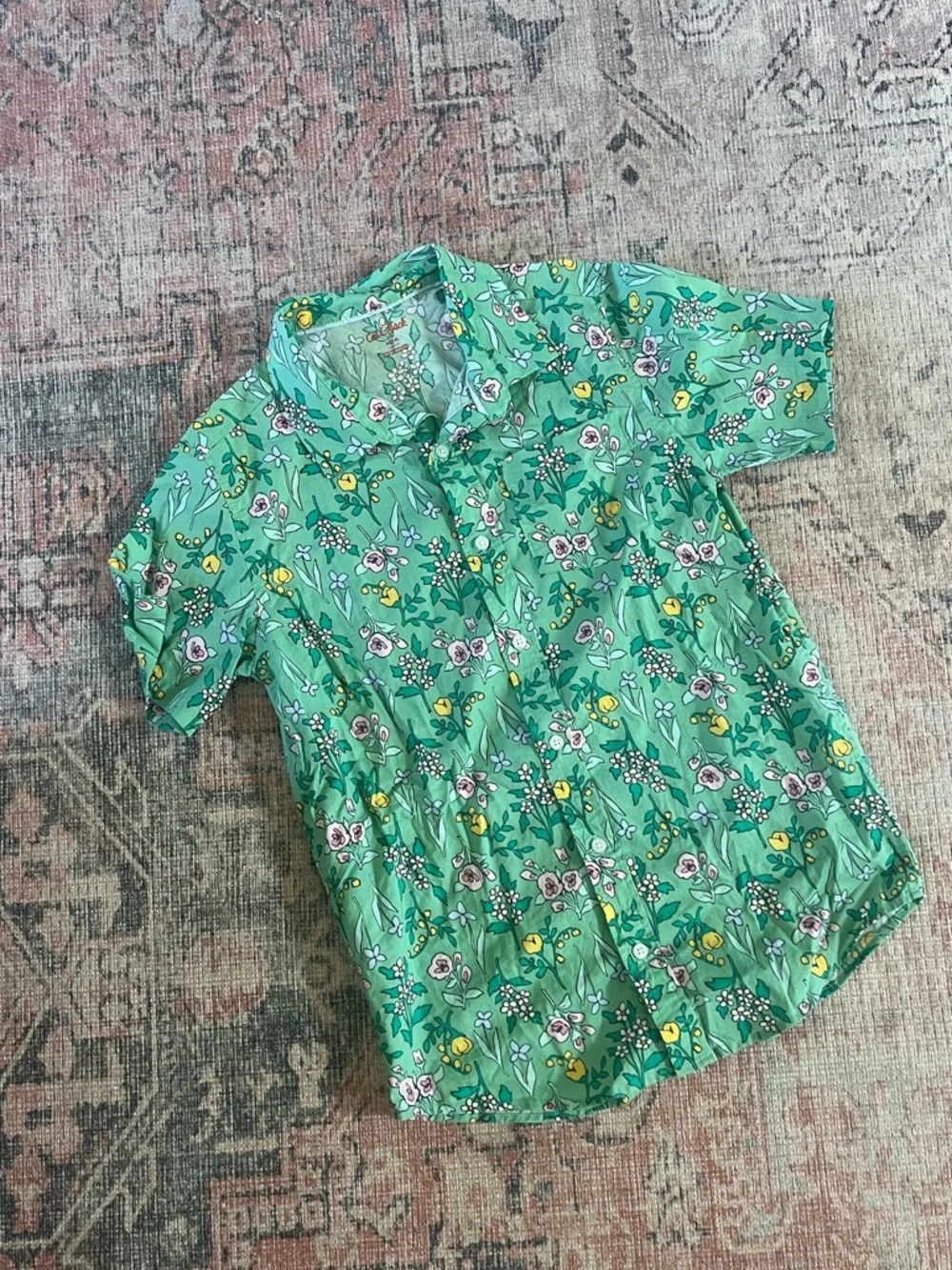 Cat & Jack Boys Green Floral Button Up Shirt Size XL 14